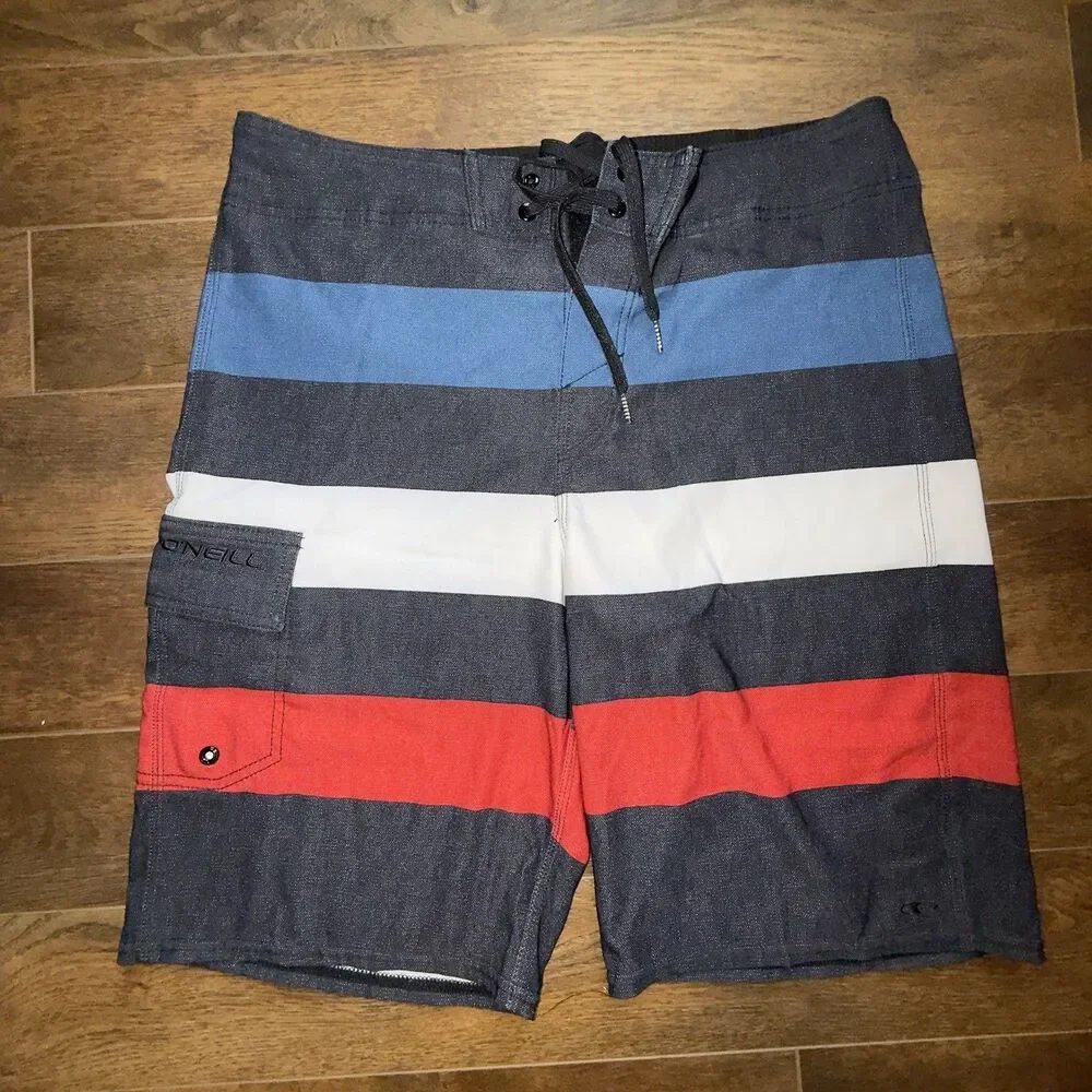 O'Neill Board Shorts, Mens 32, Polyester, 1 Pocket, Black Red White Blue Stripe
